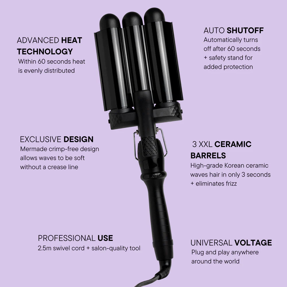 Hair curling tool with features listed on a purple background