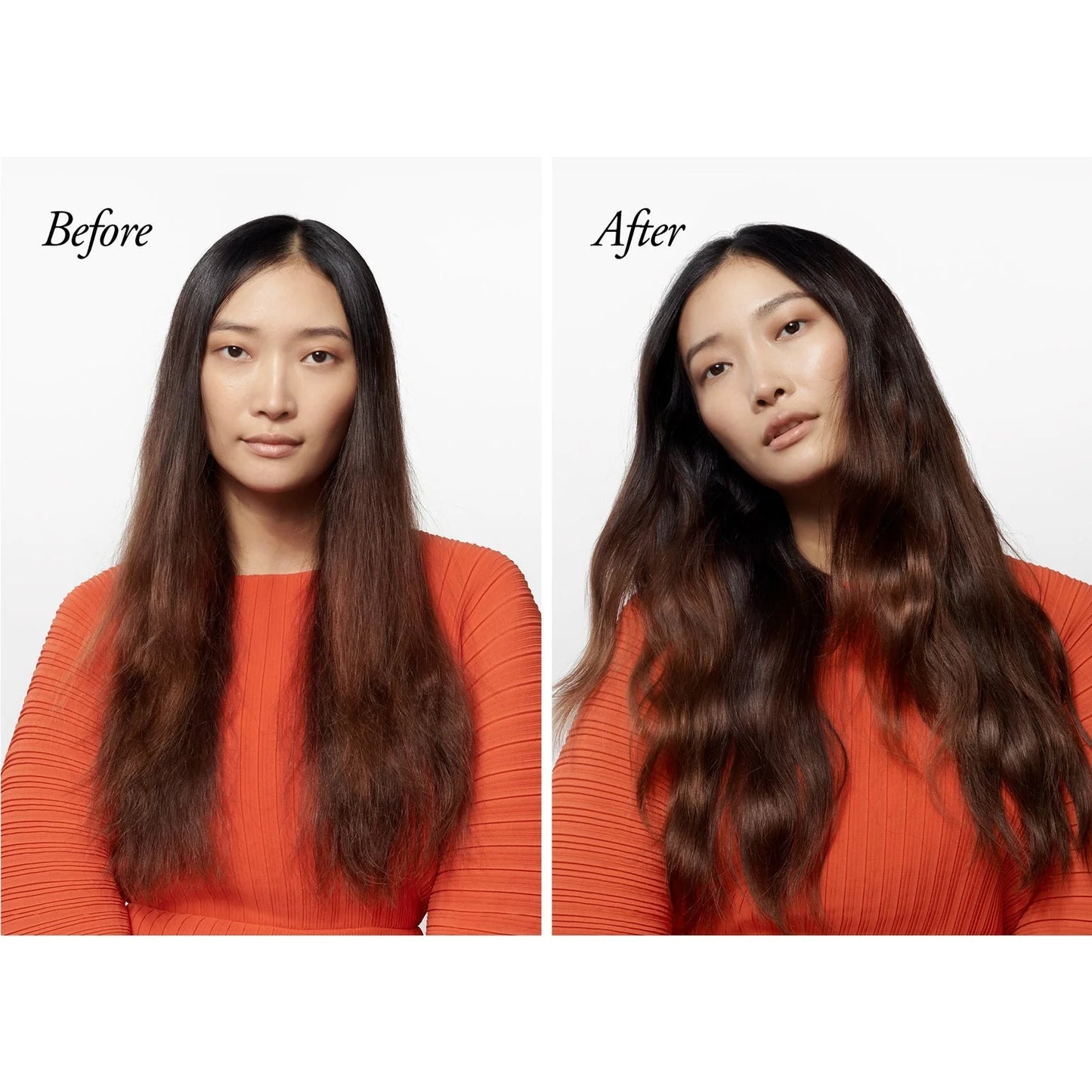 Before and after comparison of a woman with long hair, wearing an orange top.