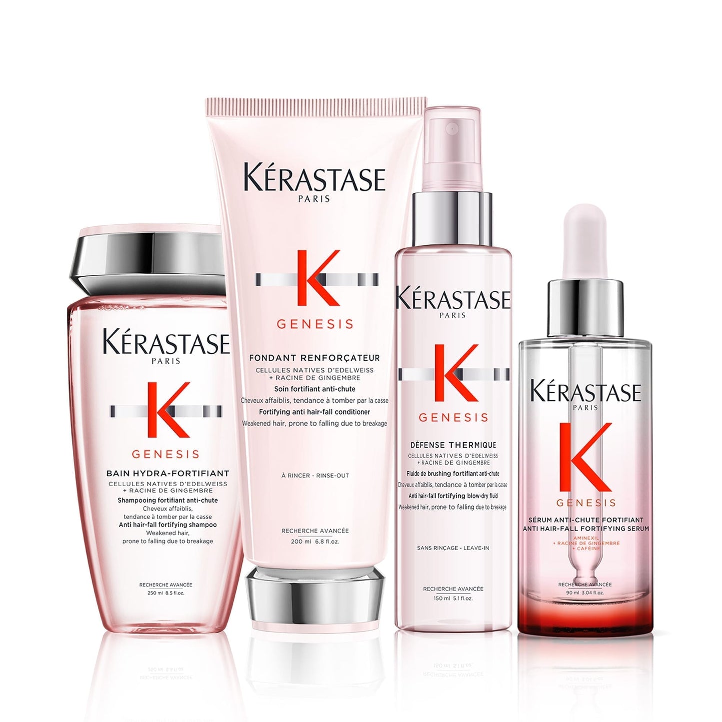 Kérastase hair care products including shampoo, conditioner, serum, and oil on a white background