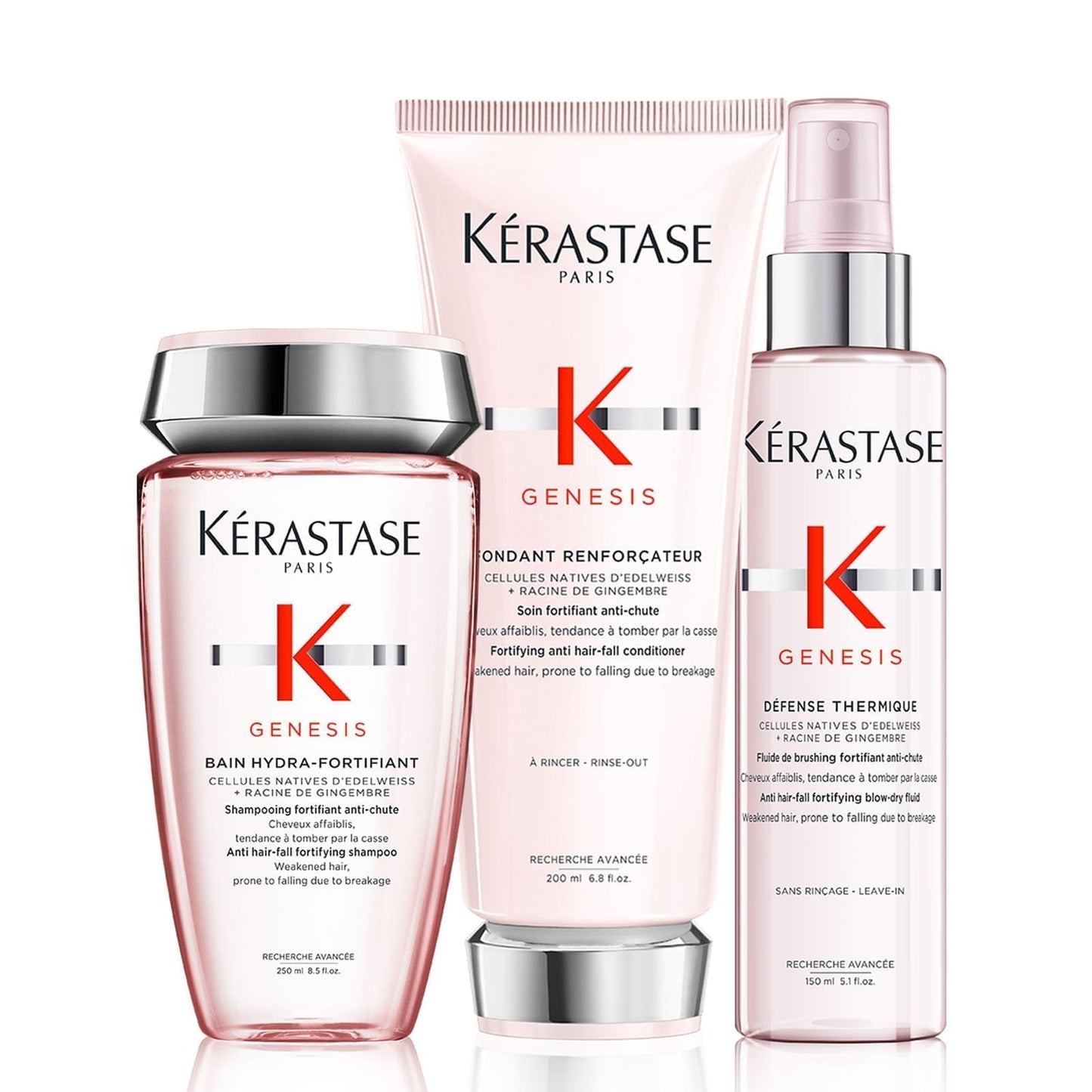 Kérastase hair care products including shampoo, conditioner, and serum on a white background