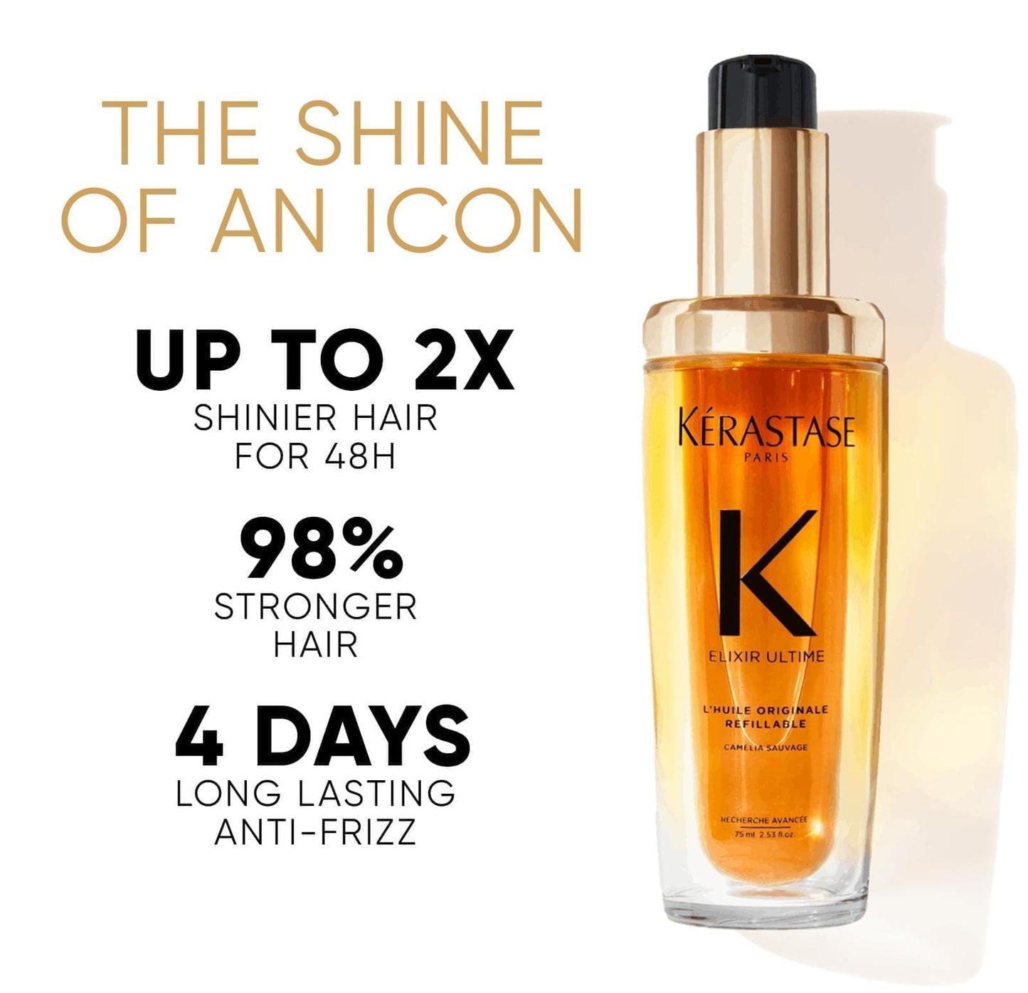 Kérastase hair product with text highlighting benefits on a white background