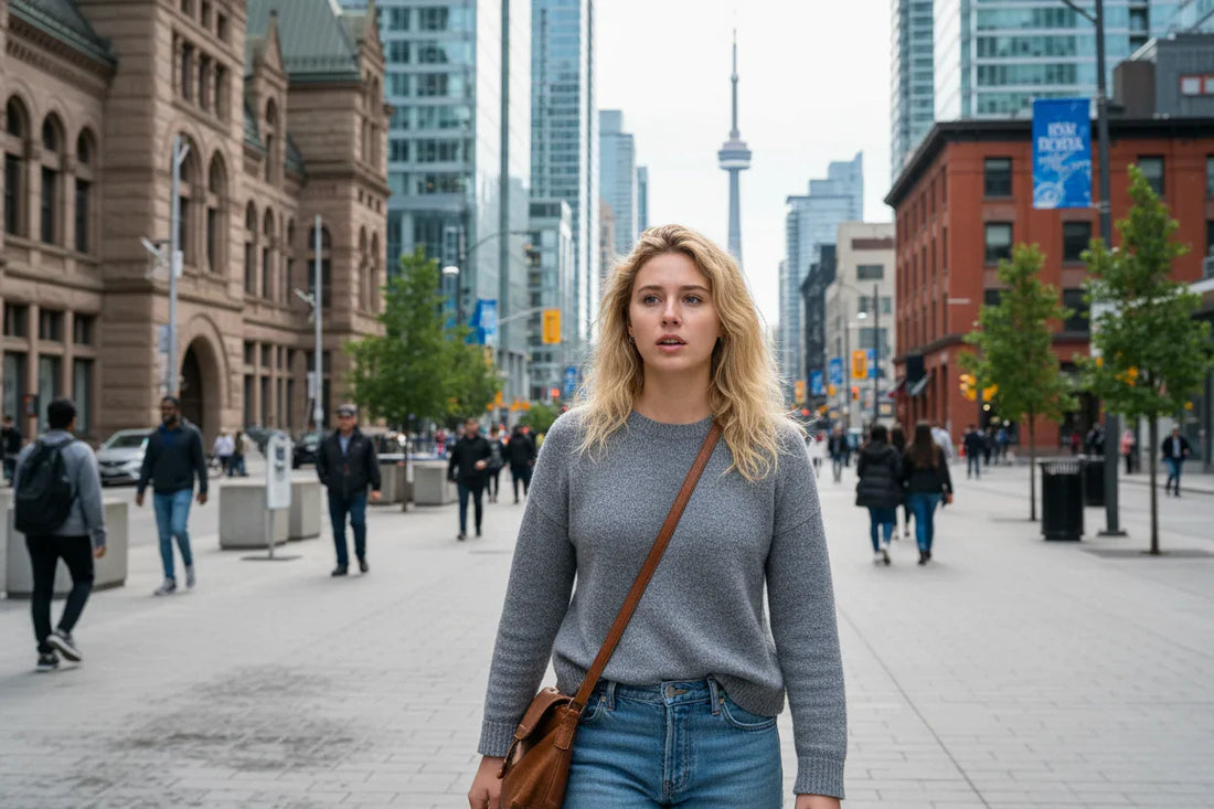 Blonde woman walking in the streets of Toronto with frizzy hair