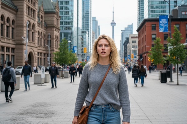 Blonde woman walking in the streets of Toronto with frizzy hair