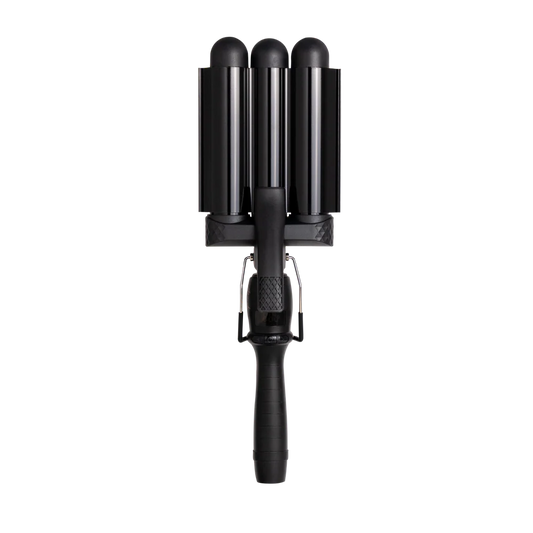 Black hair styling tool with three barrels on a white background