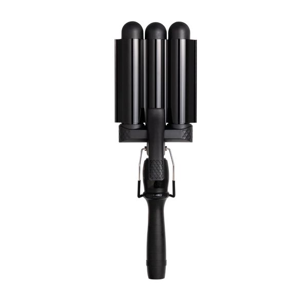 Black hair styling tool with three barrels on a white background