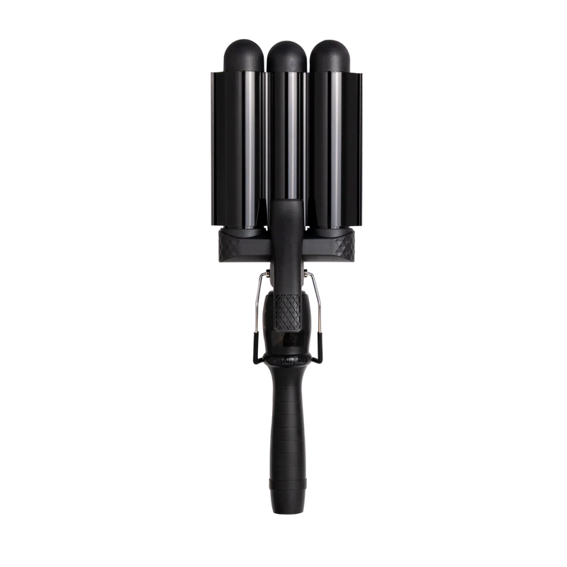 Black hair styling tool with three barrels on a white background