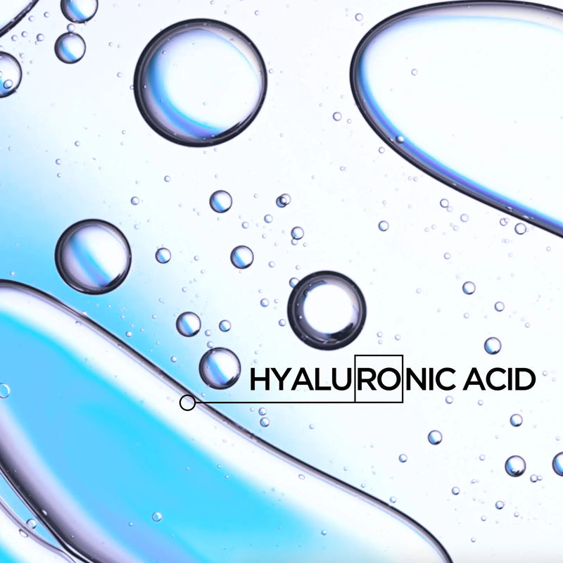 Hyaluronic acid text with bubbles on a gradient background