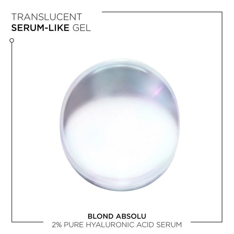 Translucent serum-like gel labeled 'Blond Absolu' with hyaluronic acid content on a white background.