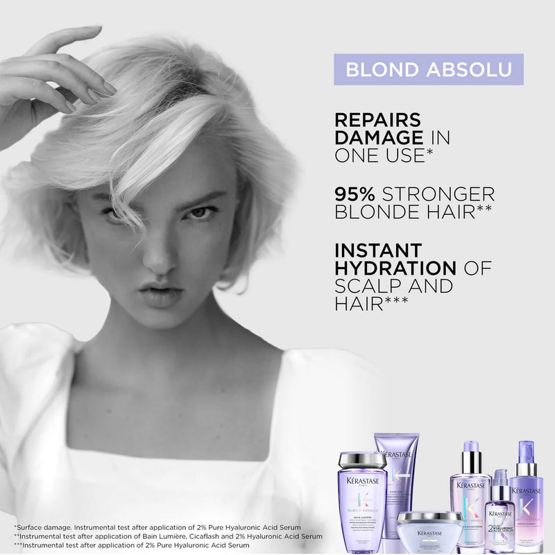 Advertisement for Kérastase Blond Absolu hair care products with a model and product packaging.