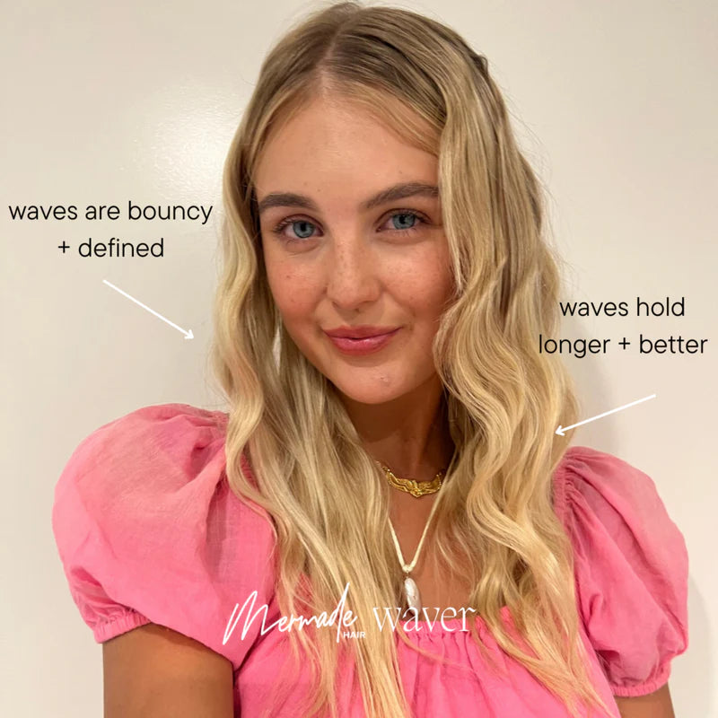 Woman with styled blonde hair wearing a pink top, with text highlighting hair product benefits.