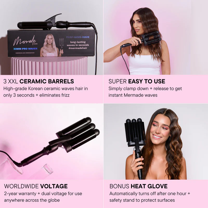 Hair styling tool with packaging and usage demonstration on a pink background