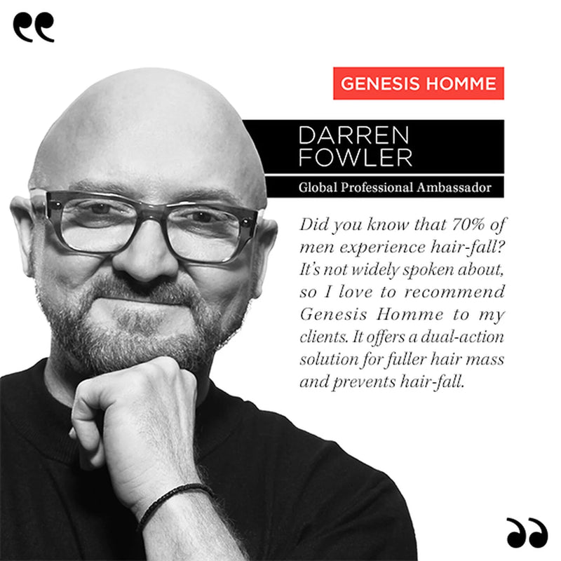 Black and white portrait of a man with text about Genesis Homme hair care products.