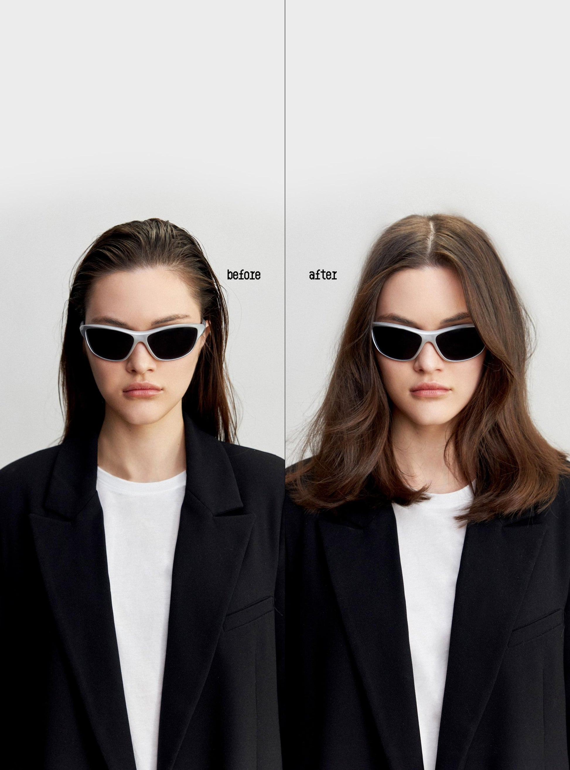 Before and after comparison of a woman with sunglasses and a black coat on a white background.