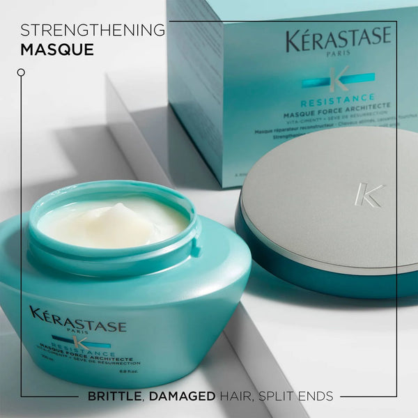 Kerastase Masque Forche Architecte with white background opened with white textxure and lip and box behind and fact text aorund