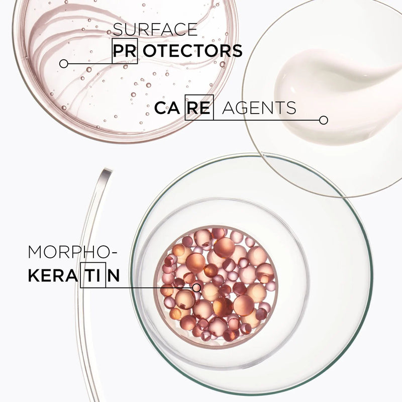 Illustration of skincare components including 'Surface Protectors', 'Care Agents', and 'Morpho-Keratin' on a white background.