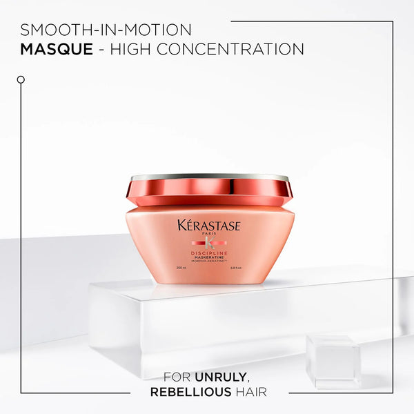Kérastase hair mask jar on a white background with text about smooth-in-motion masque.