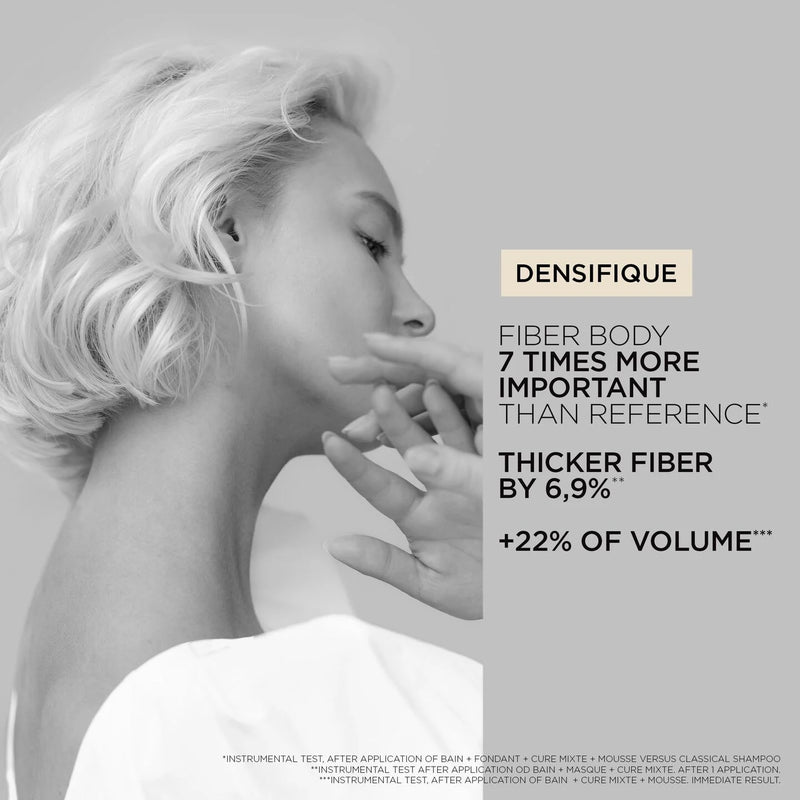 Black and white advertisement for Densifique hair product with text about fiber body and volume increase.