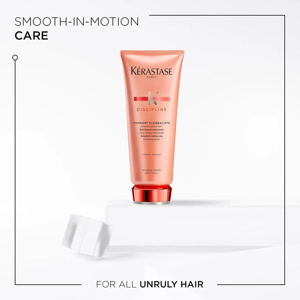 Kérastase hair care product on a white background with text 'Smooth-In-Motion Care' and 'For all unruly hair'.