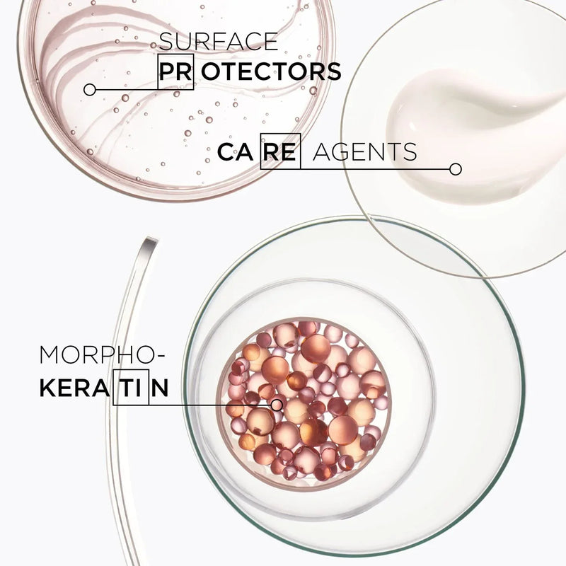 Illustration of skincare components including 'Surface Protectors', 'Care Agents', and 'Morpho-Keratin' on a white background.