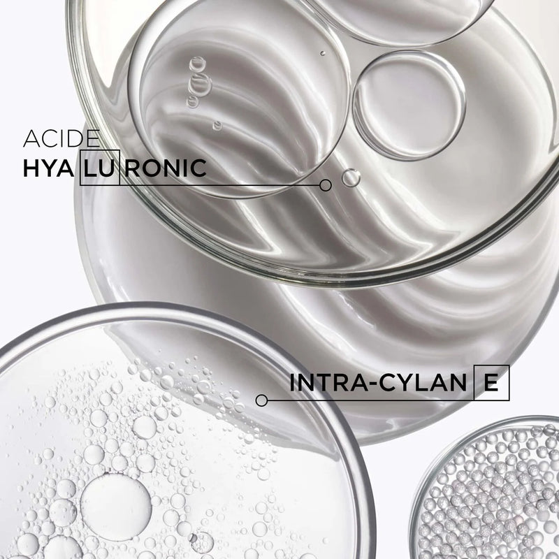 Close-up of a glass container with hyaluronic acid and intra-cylane text overlay