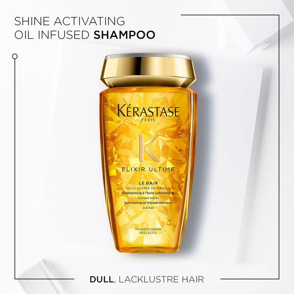 Kérastase Elixir Ultime shampoo bottle with gold cap on a white background