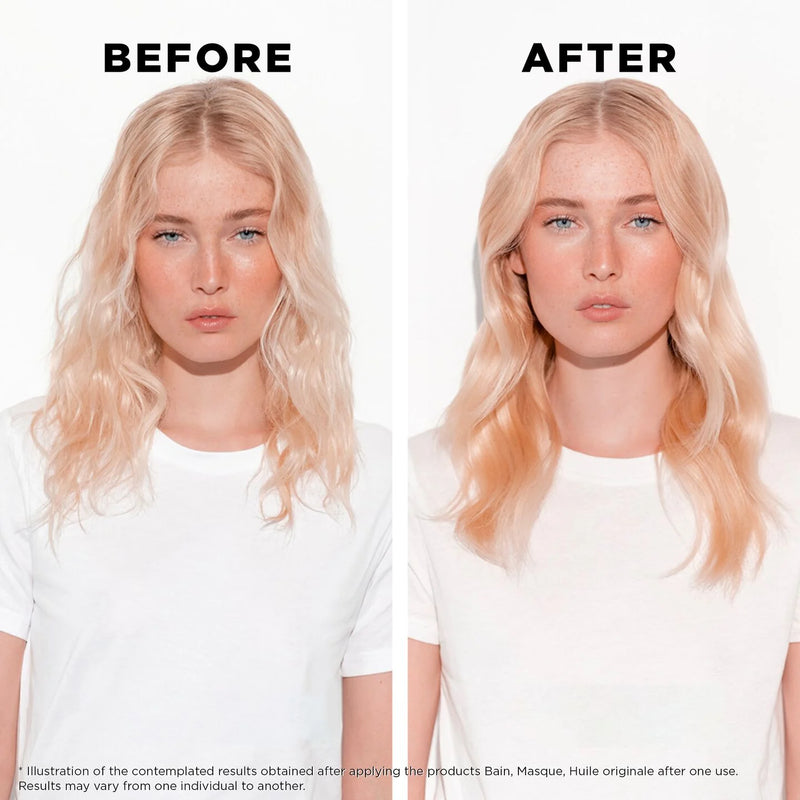 Before and after comparison of a woman with blonde hair, wearing a white shirt on a plain background.