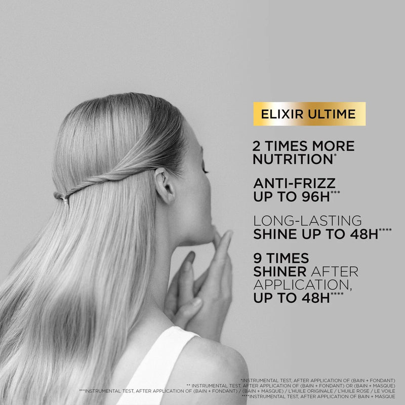 Advertisement for Elixir Ultime with a woman touching her hair against a gray background