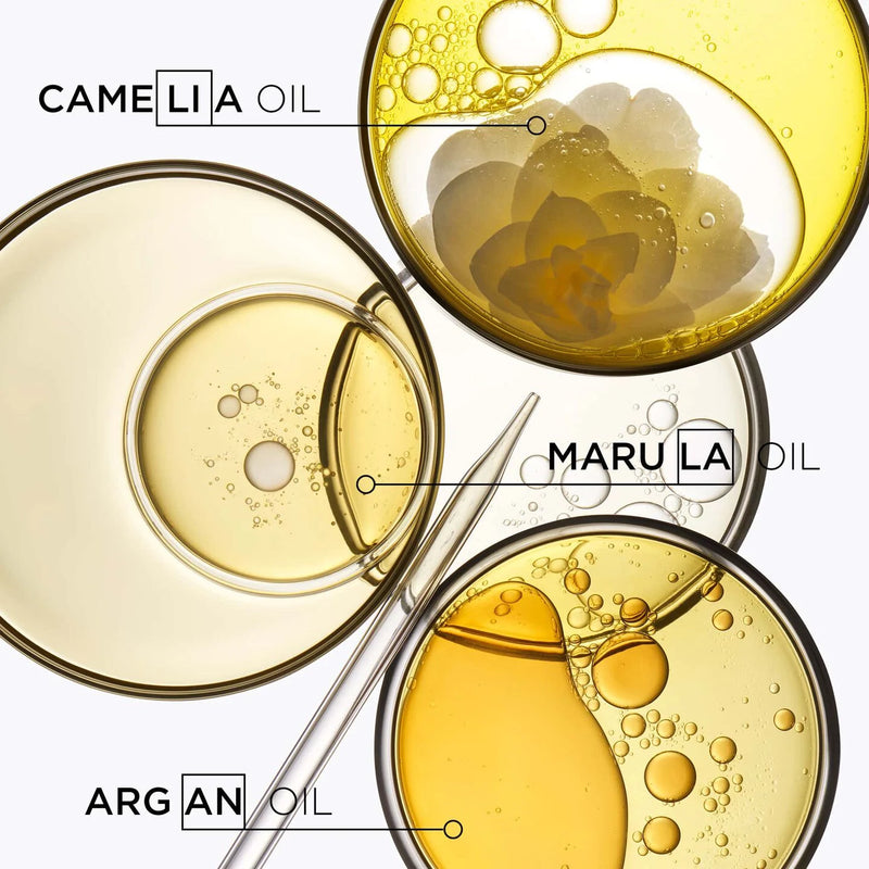 Three types of oils labeled 'Camellia Oil', 'Marula Oil', and 'Argan Oil' with a close-up of each.