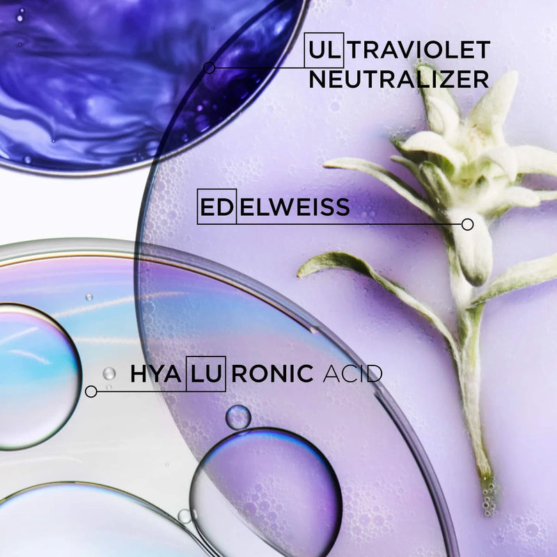 Close-up of a flower labeled 'Edelweiss' with bubbles and a purple liquid labeled 'Hyaluronic Acid' and 'Ultraviolet Neutralizer'.