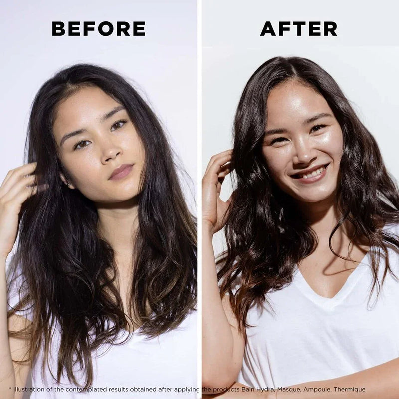 Kerastase Bain Nutri-Fortifiant before after model against white background