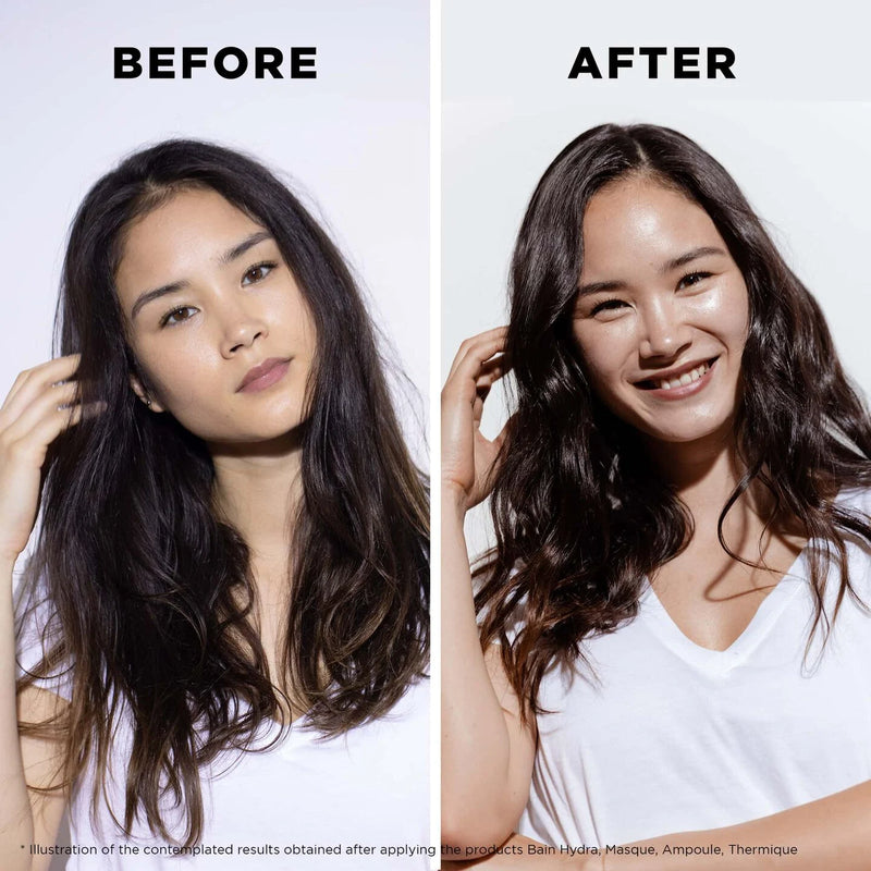 Before and after comparison of a woman with styled hair against a white background
