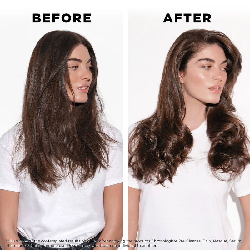 Before and after comparison of hair styling with a woman wearing a white shirt.
