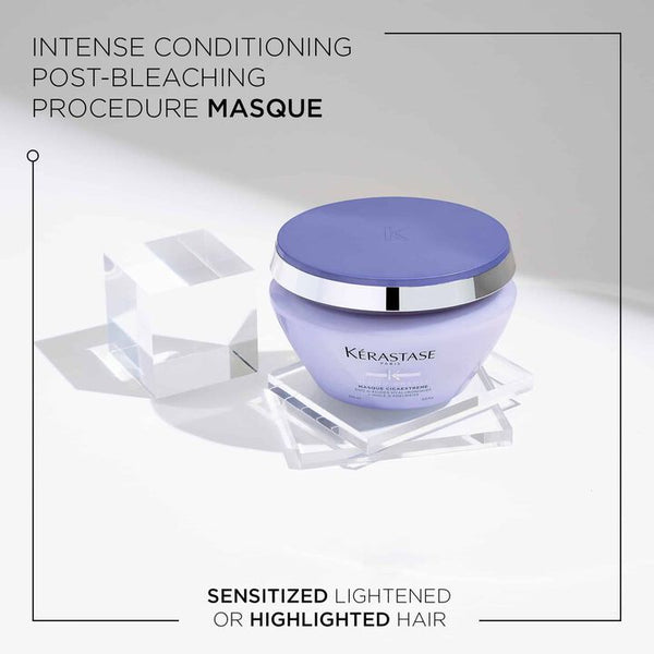 Kerastase hair mask jar with text about intense conditioning post-bleaching procedure for sensitized or highlighted hair.