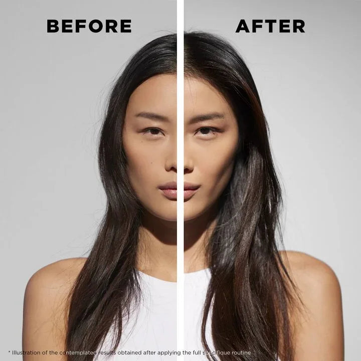Before and after comparison of a woman's face with a neutral background