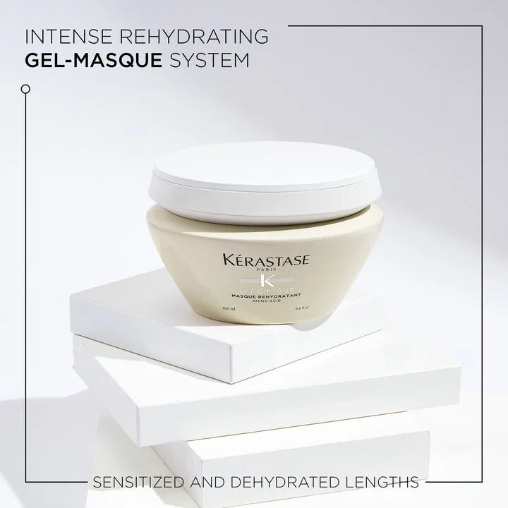 Kérastase gel-mask jar on a white background with text about intense rehydrating system.