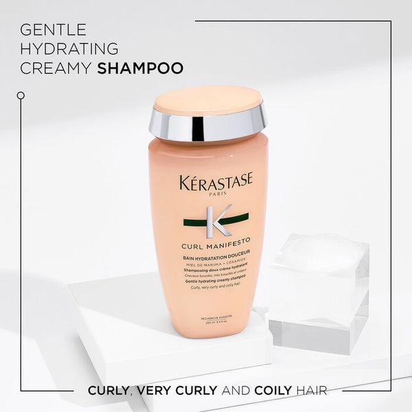 Kérastase shampoo bottle on a white background with text about hair types.