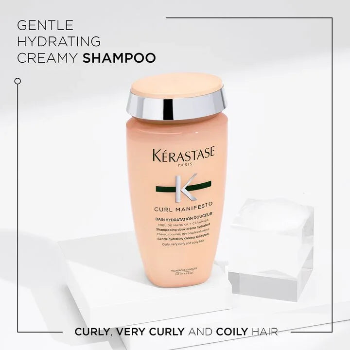 Kérastase shampoo bottle on a white background with text about hair types.