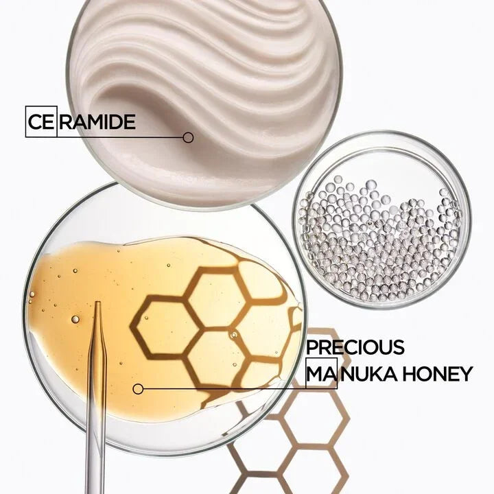 Illustration of ceramide and manuka honey with text labels on a white background