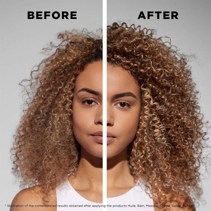 Before and after comparison of a woman's hair with curly hair.