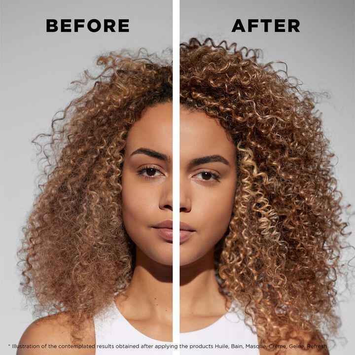 Before and after comparison of a person with curly hair on a plain background