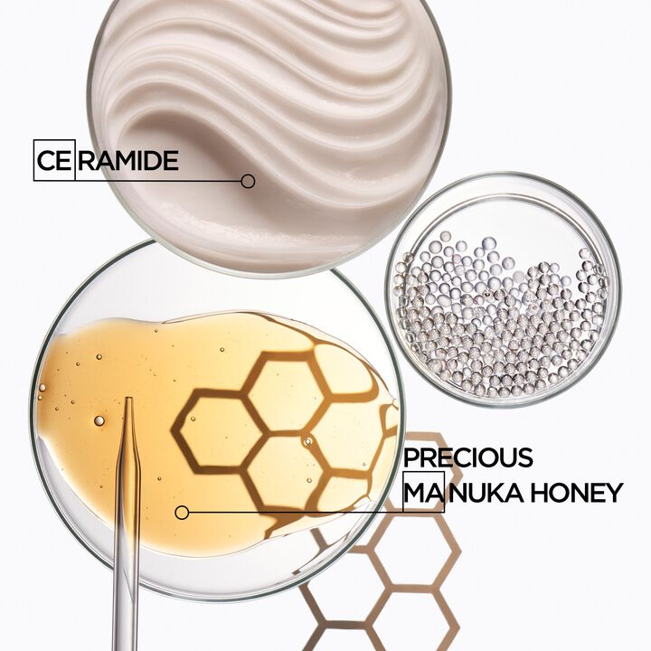 Illustration of ceramide, manuka honey, and beads with 'Ceramide' and 'Precious Manuka Honey' labels.