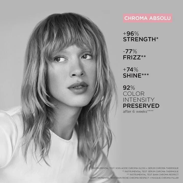 Woman with styled hair against a gray background with text about hair product benefits.