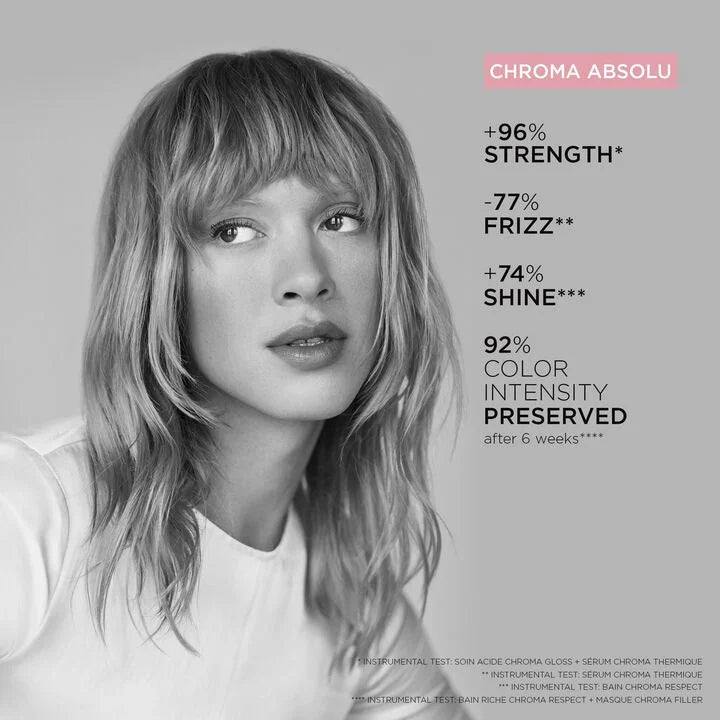 Woman with styled hair against a gray background with text about hair product benefits.