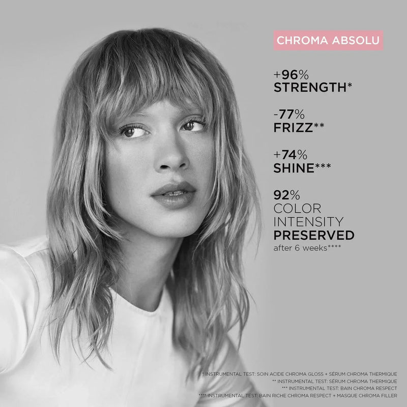 Woman with styled hair against a gray background with text about hair product benefits.