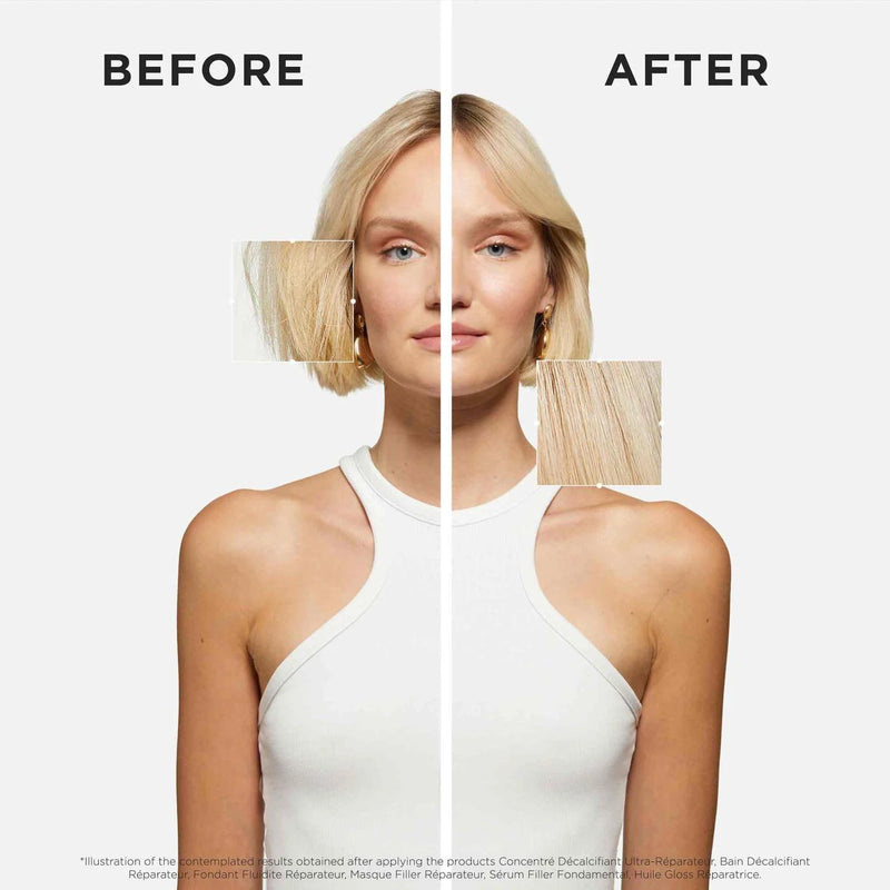 Before and after comparison of a woman with blonde hair, wearing a white top on a plain background.