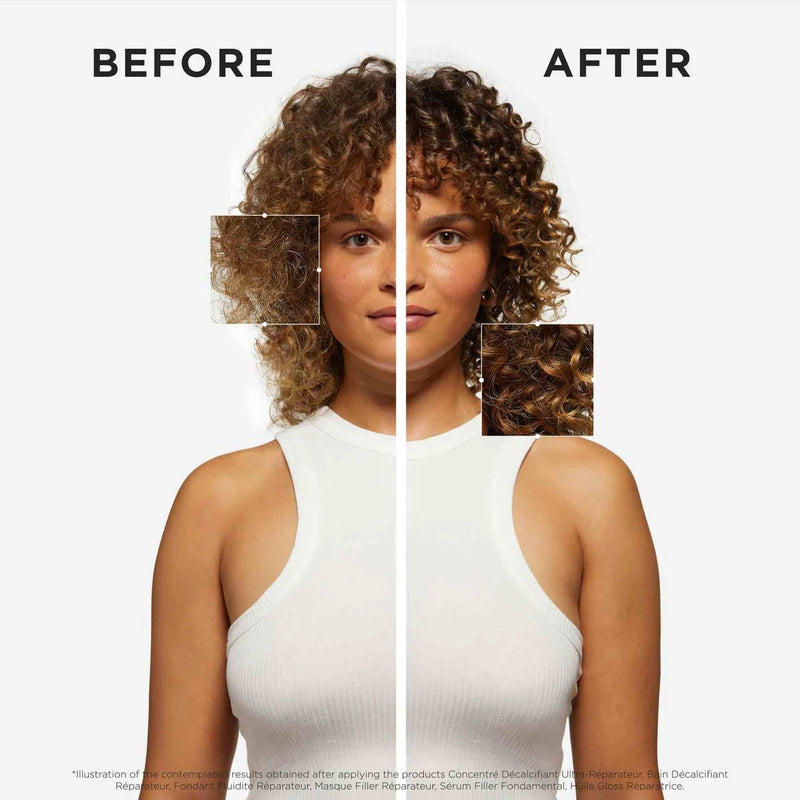 Before and after comparison of a woman with curly hair, showing the product's effect.
