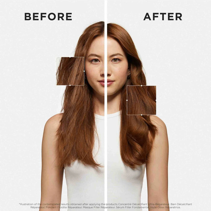 Before and after comparison of a woman's hair with highlighted areas on a white background.