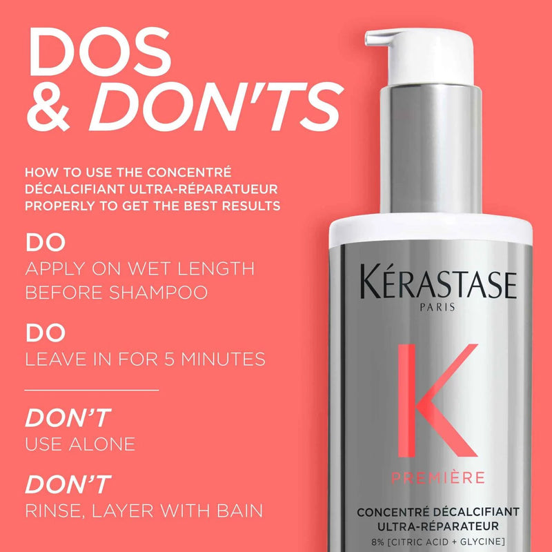Kérastase bottle with dos and don'ts on a pink background