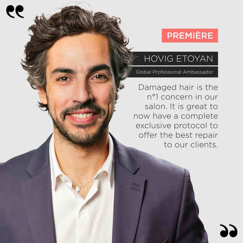 Man in a suit with promotional text about hair care and a brand logo.