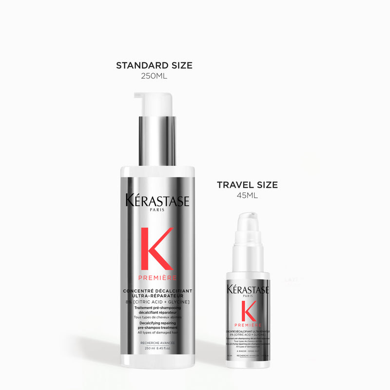 Kérastase hair care product packaging with standard and travel sizes on a white background